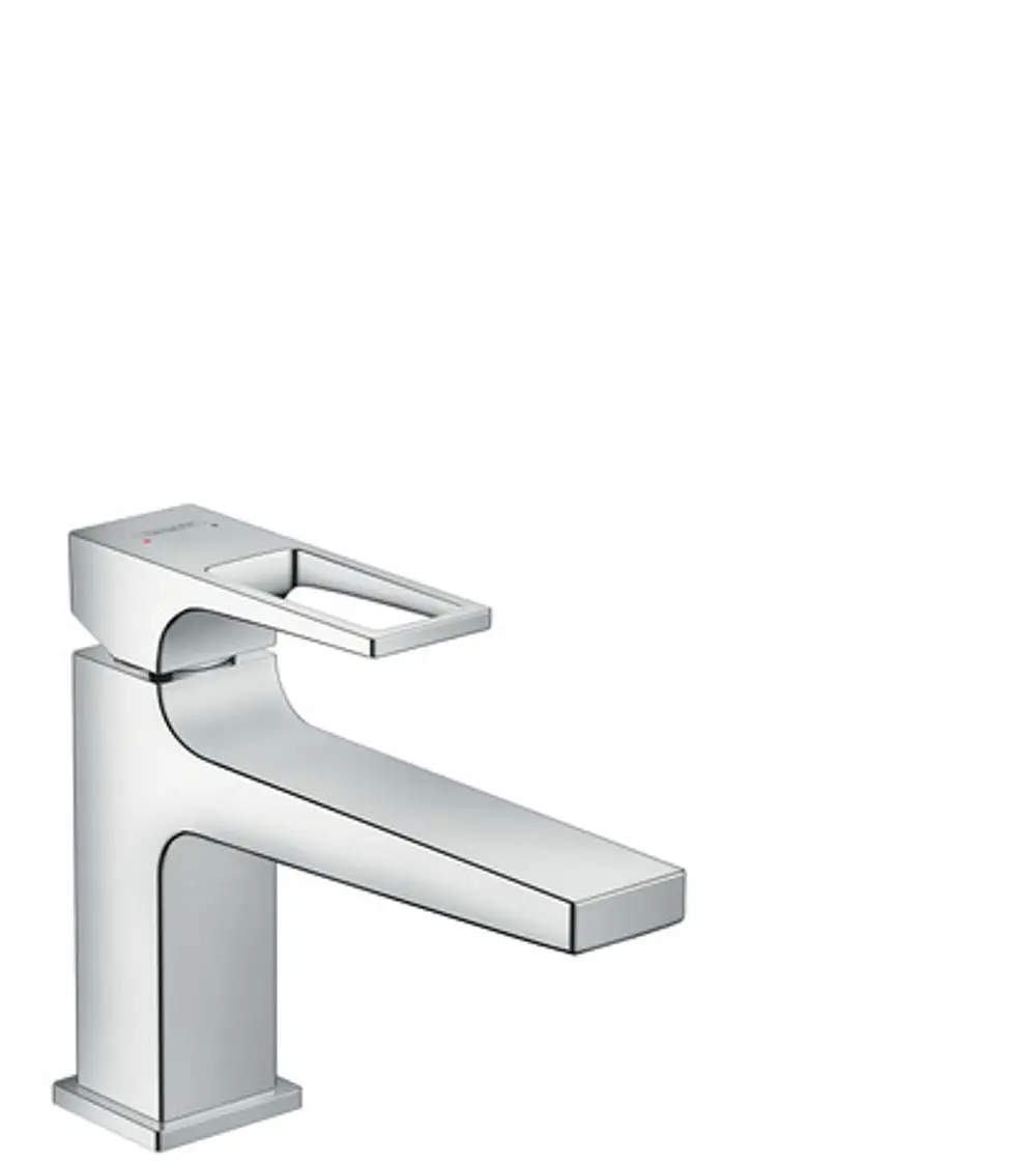 Ein hansgrohe Waschtischmischer mit einem Bügelgriff und rechteckiger Auslauföffnung, in chromfarbenem Finish. Er ist für die Montage an einem Waschbecken geeignet.